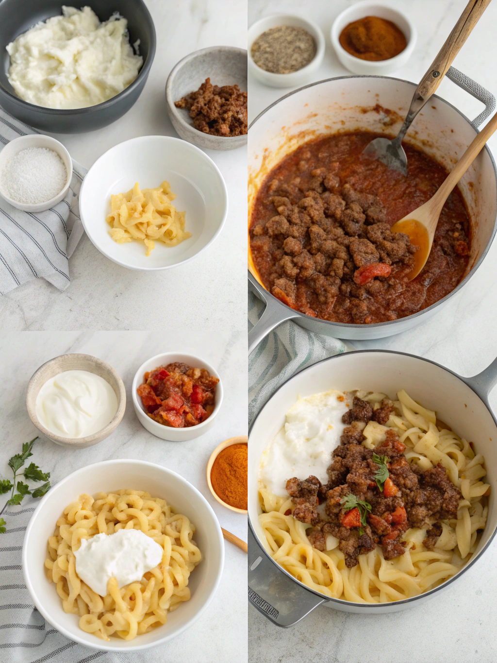 TikTok Turkish‐Style Beef‑Yogurt Pasta preparing steps