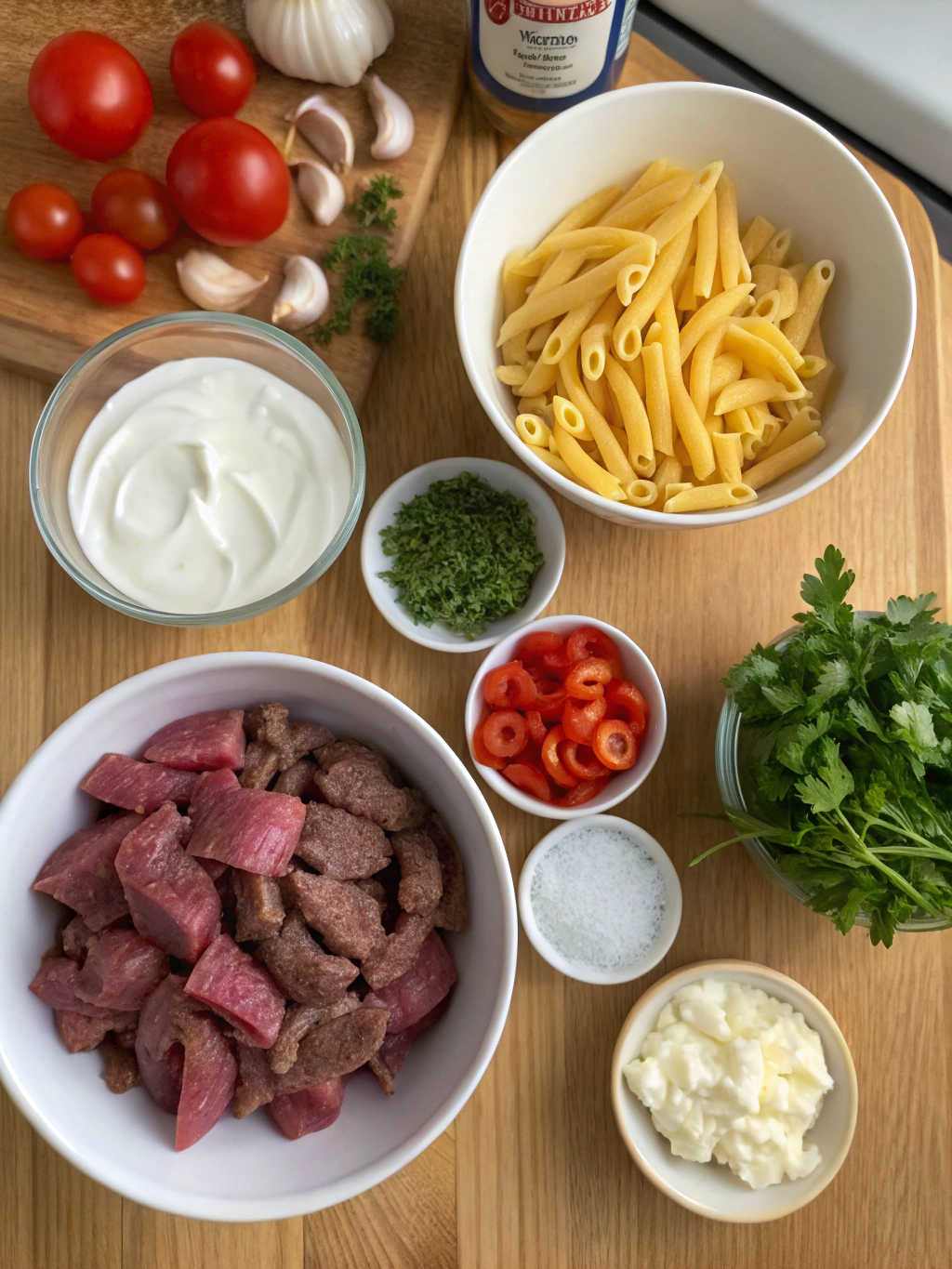TikTok Turkish‐Style Beef‑Yogurt Pasta ingredients